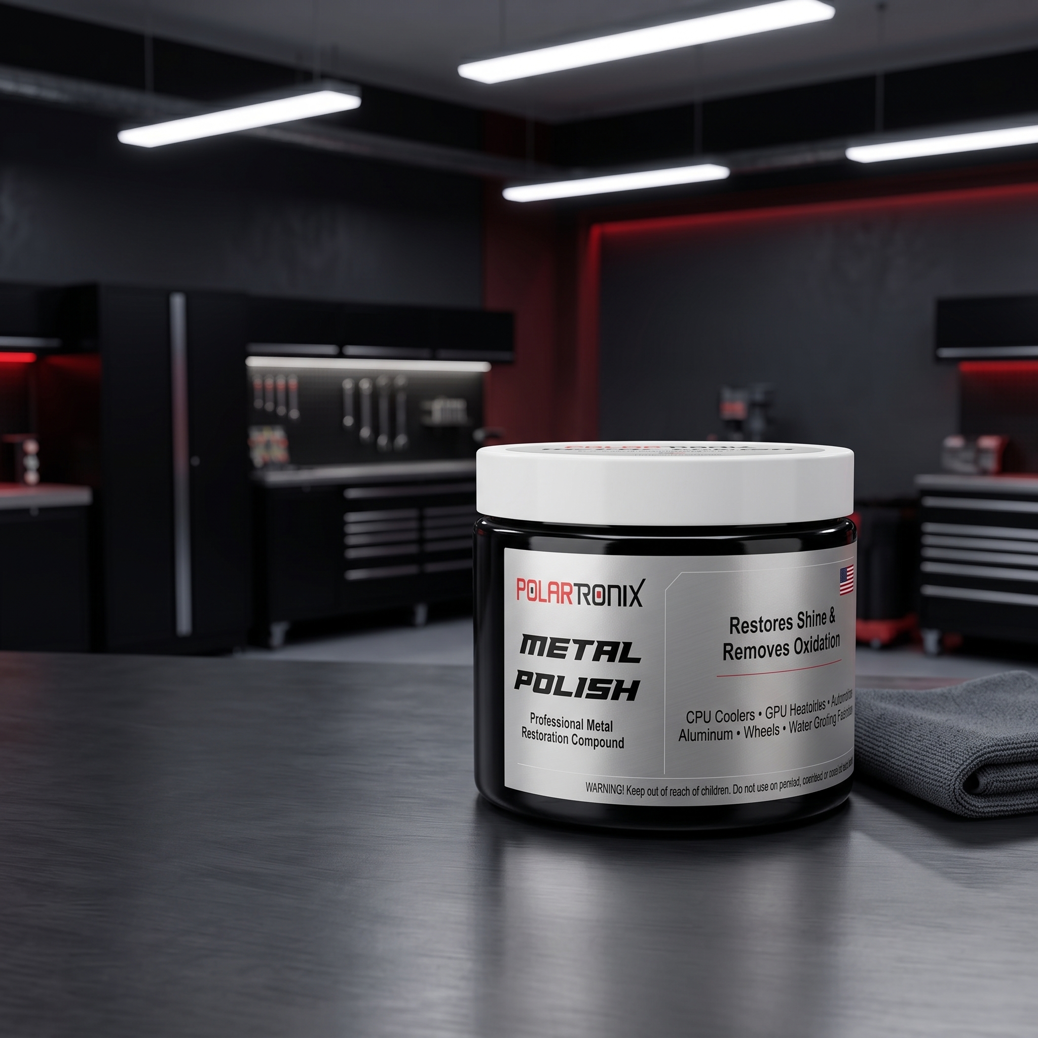 Metal Polish for electronics cooling hardware, automotive components, workshop tools, and compatible metal surfaces